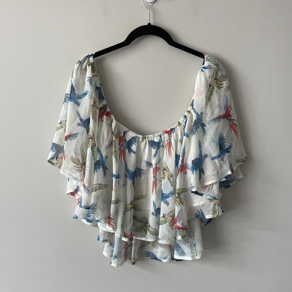 Molly Bracken Off The Shoulder Birds Print Ruffles Cropped Top White Blue XS - Picture 2 of 9